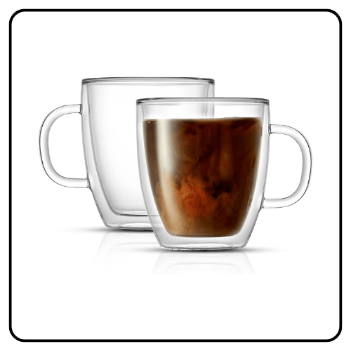 Enjoy your favorite hot or cold drinks with JoyJolt Savor's double-wall insulated glass coffee mugs. This stylish set of two 13.5-ounce glasses keeps beverages at the perfect temperature without condensation.