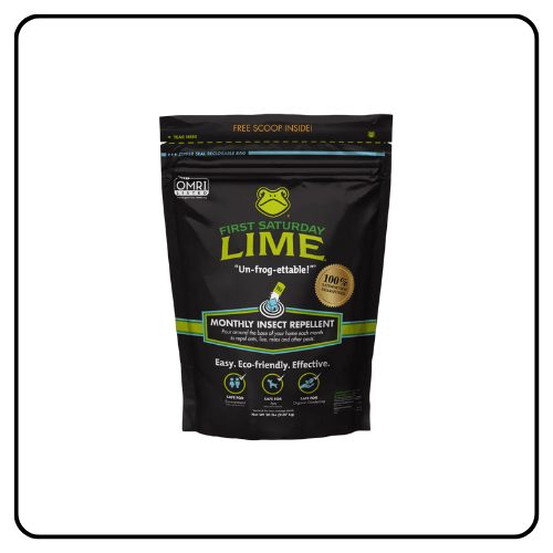 A 20lb bag of First Saturday Lime Insect Repellent featuring the green frog logo, displayed in a natural outdoor setting to highlight its eco-friendly, non-toxic formula for pets and gardens.