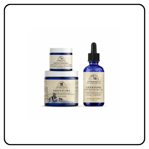 A set of three Adored Beast Apothecary supplement containers for dog allergies, including Liver Tonic, Phyto Synergy, and Fido's Flora, displayed against a clean background.
