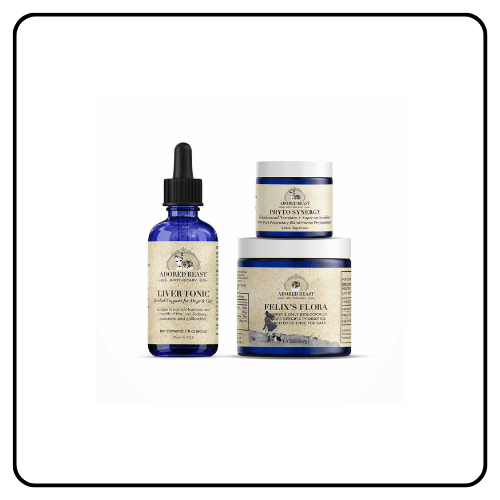 Three Adored Beast Apothecary product containers for the Feline Allergy Bundle—Liver Tonic, Phyto Synergy, and Felix’s Flora—displayed together on a neutral background to show a natural allergy support protocol for cats.