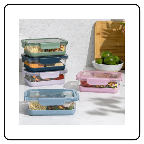 Ello Duraglass food storage container with a colorful protective silicone sleeve and clear locking lid.