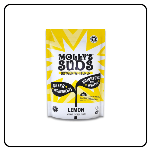 A bag of Molly’s Suds Oxygen Whitener, a natural powder bleach alternative featuring sodium percarbonate and lemon essential oil.