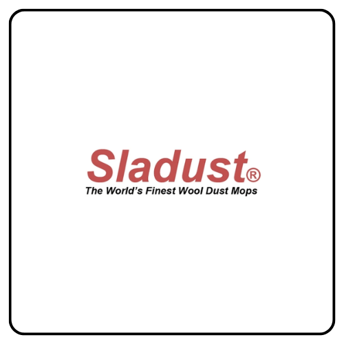 A Sladust Big Wooly floor mop with a colorful natural wool head and a sturdy wooden handle for chemical-free dusting.