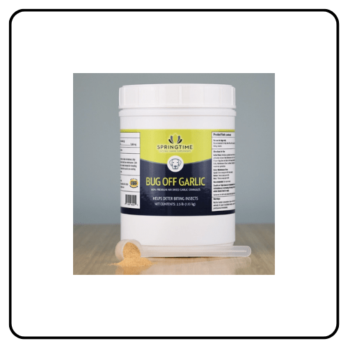 Standard-size container of Springtime Inc. Bug Off Garlic Granules for dogs, showing the product label alongside a pile of fine, air-dried garlic granules.