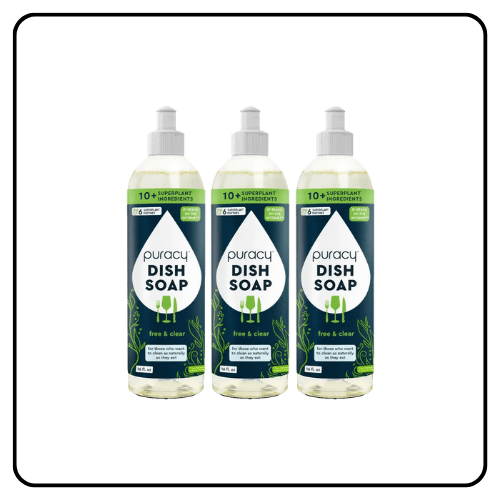 Puracy Natural Dish Soap bottle in a minimalist kitchen setting, highlighting its plant-based and sulfate-free formula.