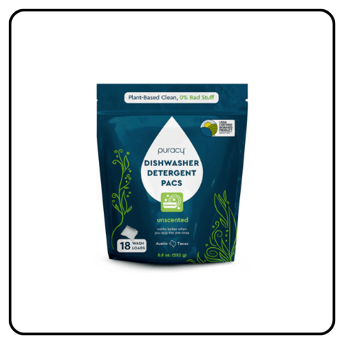 A bag of Puracy Natural Dishwasher Detergent Packs standing on a clean kitchen counter.