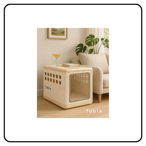 A sleek, minimalist white Fable Essential Crate with a sliding garage-style door and square ventilation windows, styled as a modern side table in a bright living room.