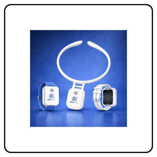 BlueVibe wearable frequency therapy device by Resona Health, shown with interchangeable wrist and neck bands, highlighting the dual PEMF and blue LED light wellness technology.