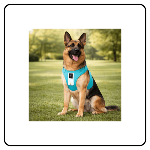 Dog VIBE Vest by Resona Health on a dog model, showing the secure mesh placement pocket designed to hold a PEMF resonance frequency device safely over the heart and vagus nerve cluster.