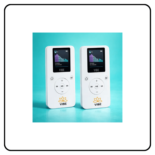 Resona Health Vibe 2-Pack showing two compact, pocket-sized PEMF frequency devices with charging cords and lanyards, designed for shared wellness between pets and humans.