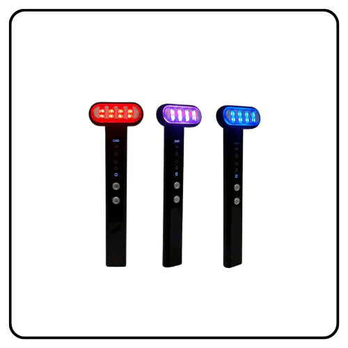 A sleek handheld TheraSculpt device featuring a 360-degree rotating head for red light therapy and facial sculpting.