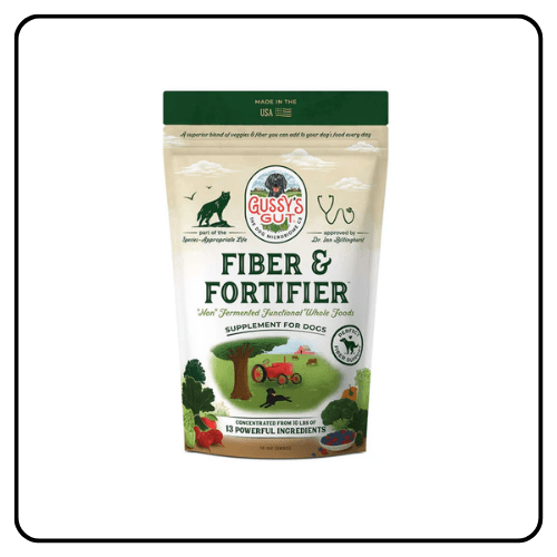 Gussy's Gut Fiber and Fortifier package surrounded by fresh, organic whole-food ingredients like pumpkin, broccoli, kale, and blueberries, showcasing a natural approach to canine gut wellness.