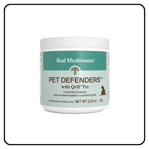Real Mushrooms Pet Defenders with Qrill Pet supplement container on a clean surface, showcasing the organic mushroom and krill meal-topping powder for pet wellness.