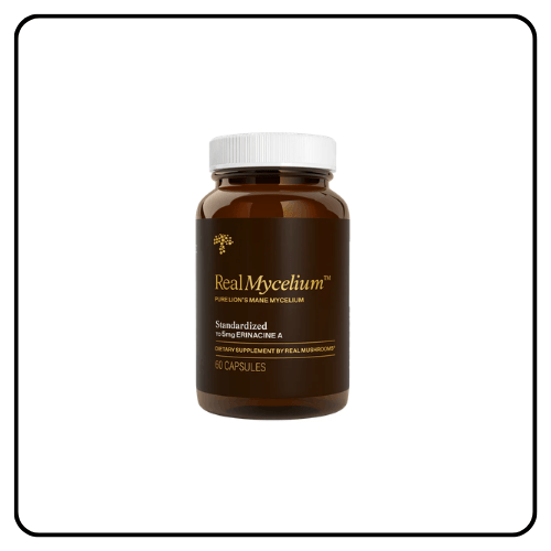 Real Mycelium capsule bottle by Real Mushrooms, a pure grain-free Lion's Mane mycelium supplement standardized for Erinacine A to support cognitive focus and memory.