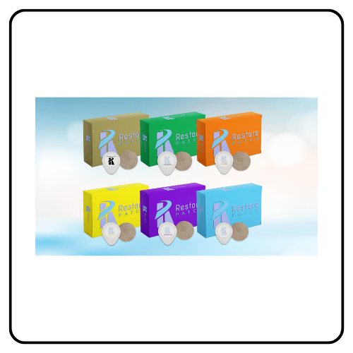 Restore Patch wearable bio-frequency patches on a minimalist background, demonstrating a drug-free approach to supporting focus, sleep, and natural lifestyle wellness.