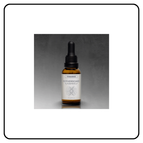 VenJenz Motherboard for Pets liquid supplement bottle, showcasing the clean product label on a natural linen background, highlighting premium botanical ingredients for proactive pet wellness.