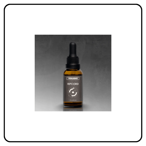 Venjenz Ripcord liquid wellness supplement bottle against a clean, linen-toned backdrop, showcasing premium holistic ingredients for proactive physical recovery and vitality.