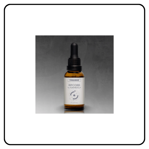 Venjenz RIPCORD for Pets liquid supplement bottle, a natural whole-food joint support protocol designed to encourage mobility and optimal wellness in companion animals.