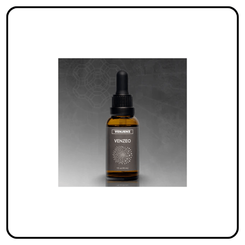 VenJenz Venzeo micronized liquid zeolite detox supplement bottle with dropper, showcased as a foundational wellness tool for daily cellular defense and natural vitality.