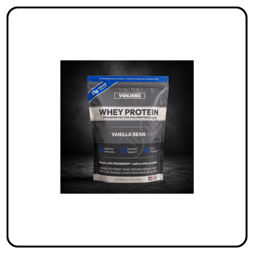 Venjenz Whey Protein Transfer Factors tub on a clean, minimal background, representing premium whole-food nutritional support for foundational wellness and vitality.