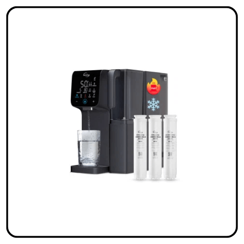 An iSpring countertop reverse osmosis water filter system resting on a kitchen counter, showing the digital smart display panel and modern plug-and-play design.