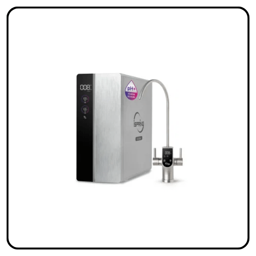 Under-sink iSpring reverse osmosis water filtration system with multi-stage filter cartridges, a storage tank, and a dedicated lead-free faucet for clean household drinking water.