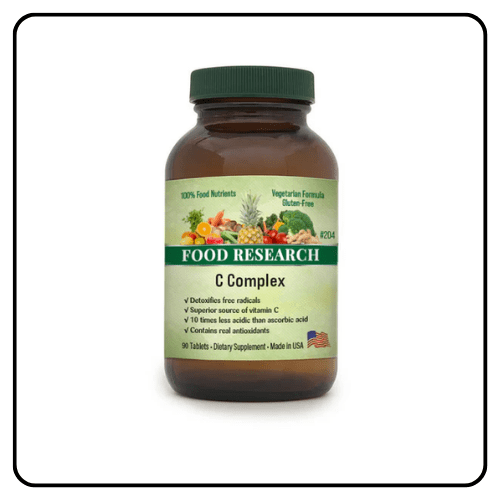 Doctors' Research C-Complex supplement bottle showing a natural, whole food vitamin C formula made from organic berries and botanicals for optimal absorption.