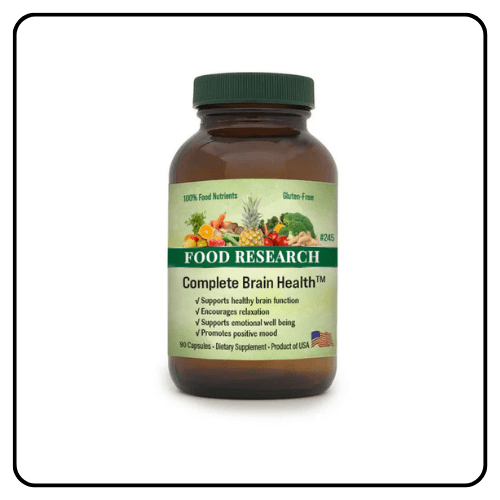 Doctors’ Research Complete Brain Health supplement bottle, showcasing a 100% whole food cognitive formula with bovine glandulars and wild-crafted herbs for holistic brain health.