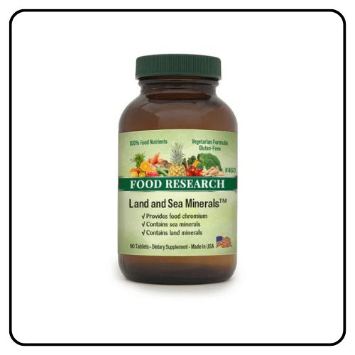 Doctors’ Research Land and Sea Minerals bottle display, showing premium whole food trace mineral supplement ingredients sourced from plant and marine botanicals for foundational holistic wellness.