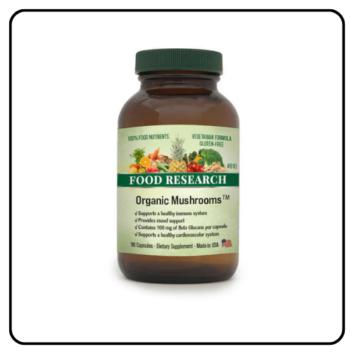Organic Mushrooms supplement bottle by Doctors’ Food Research, showcasing a premium whole food botanical blend for proactive health and cellular wellness.
