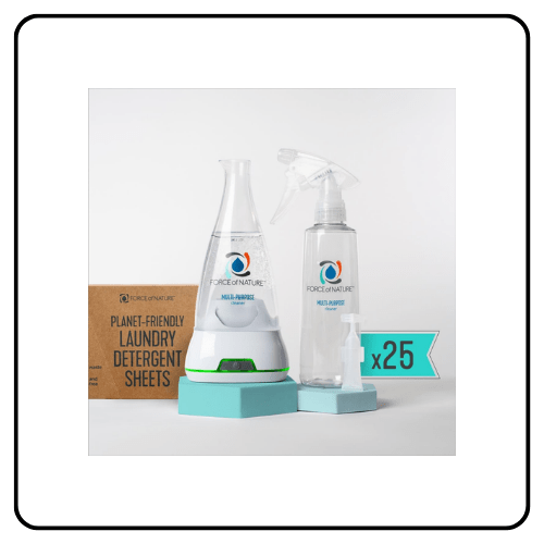 Force of Nature Cleaning and Laundry Duo Bundle, featuring the electronic electrolyzer base appliance, a reusable spray bottle, activator capsules, and a box of zero-waste laundry detergent sheets.